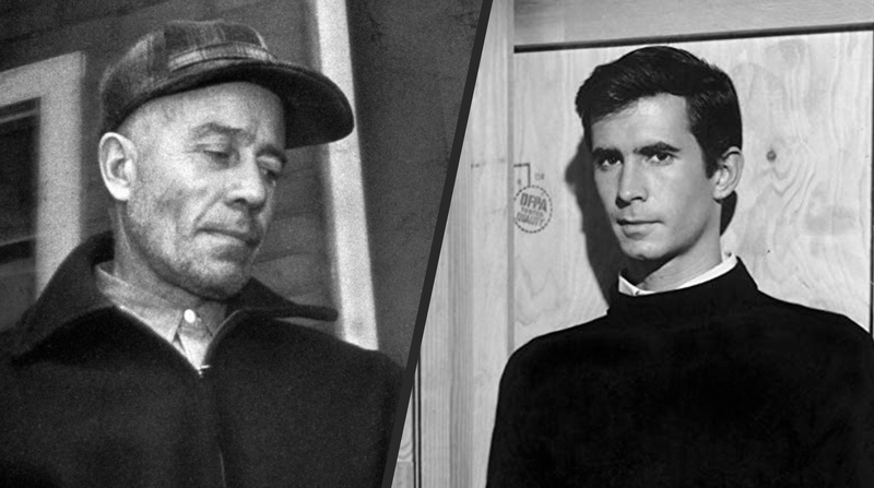 Une photo d'Edward Theodore Gein et une scène du film Psycho