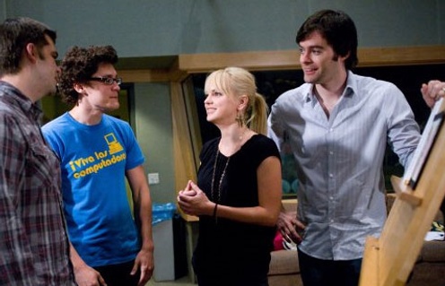 Anna Faris,Bill Hader, Phil Lord et Chris Miller sur le plateau de Cloudy with a Chance of Meatballs